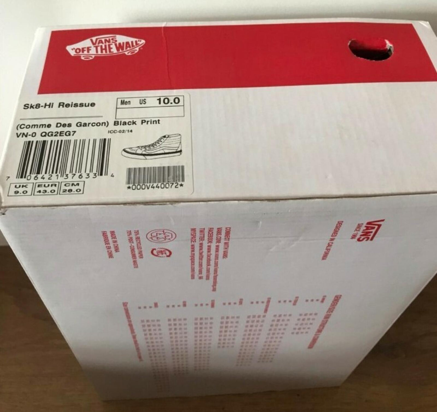 SS14 Supreme x Vans Comme Des Garçon CDG Sk8-Hi Reissue US 10 UK 9 EU 43 Vintage