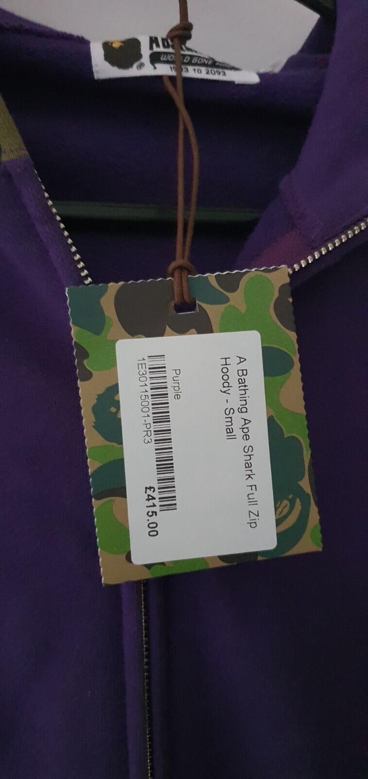 A BATHING APE Shark Full Zip Hooded Sweatshirt Purple Size S BAPE