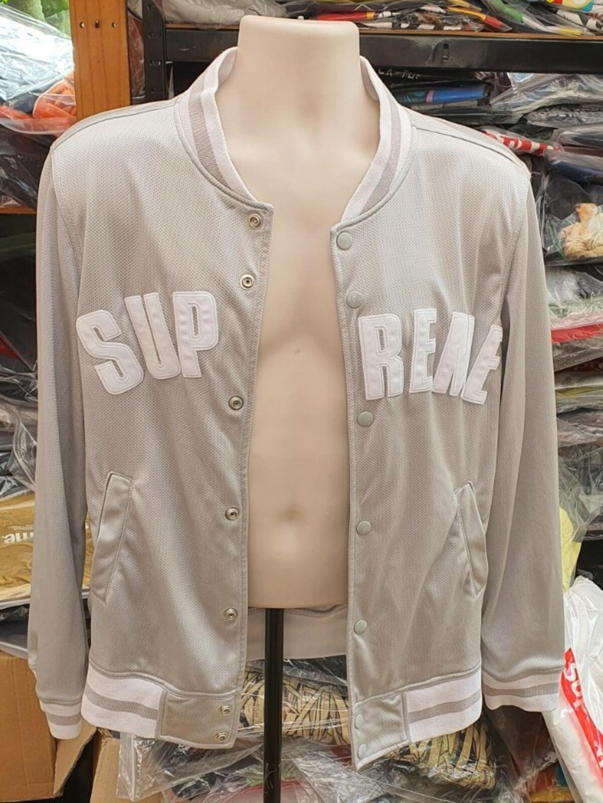 SS15 Supreme Mesh Nylon Varsity Jacket Silver Size M
