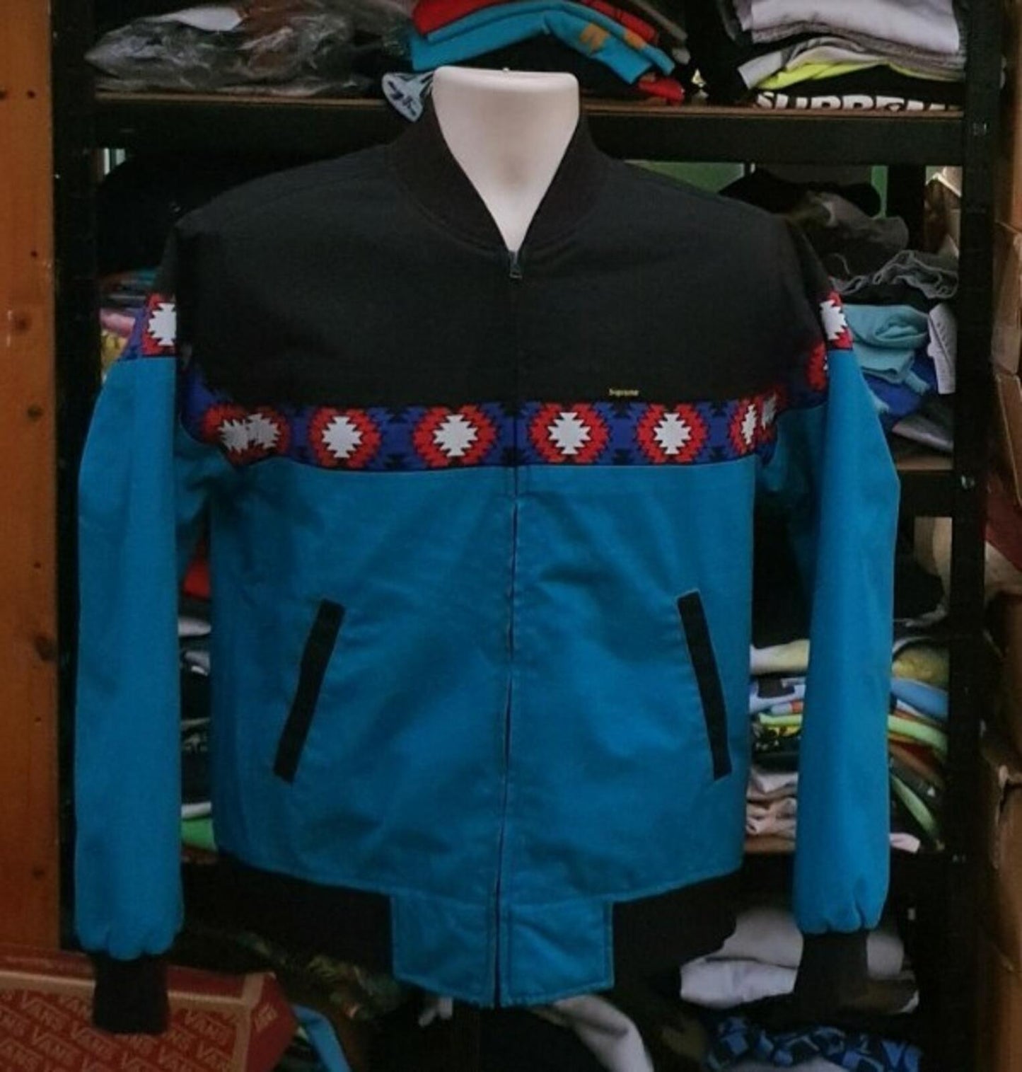 SS17 Supreme Trail jacket S small Teal small box logo Jacquard Graphic Rib Yoke