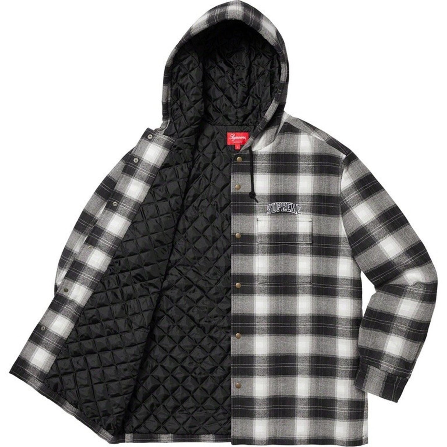 FW19 Supreme Quilted Hooded Plaid Shirt Black Size XL