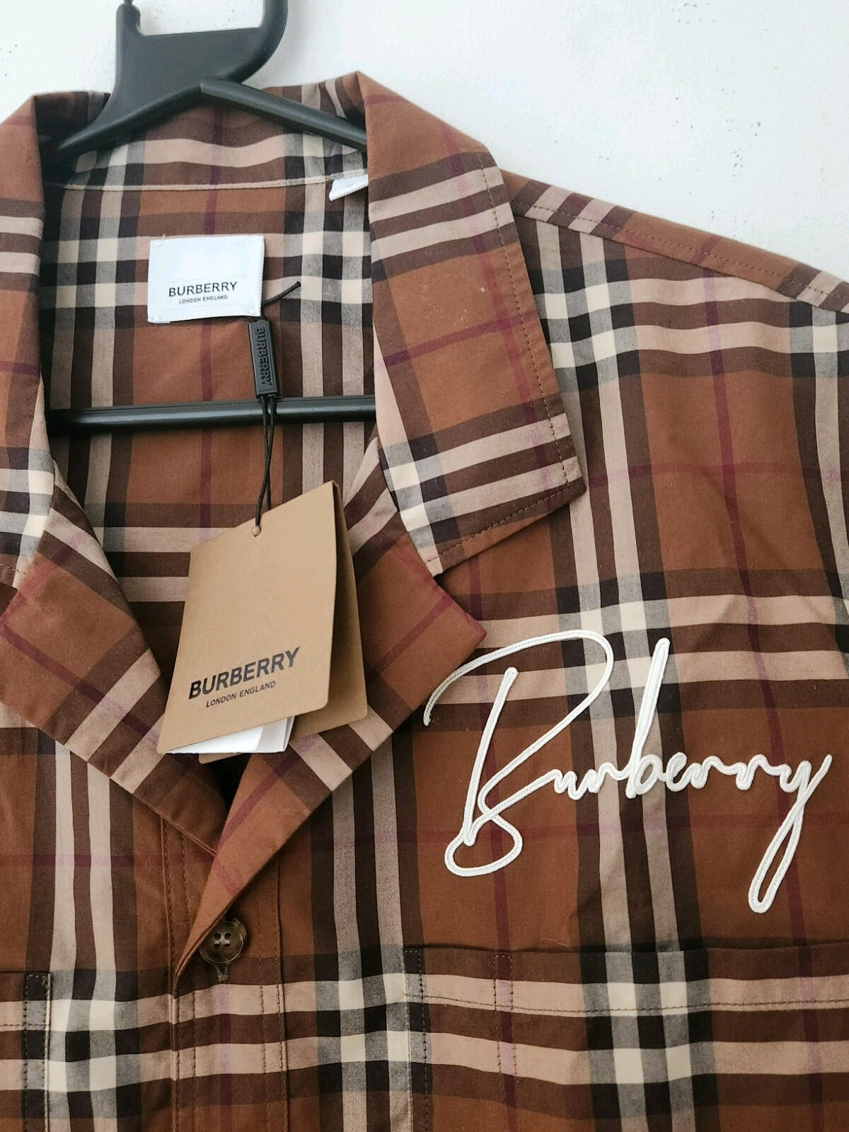 BURBERRY London Camp Collar Logo Embroidered Checked Cotton Shirt RRP £525 Brown