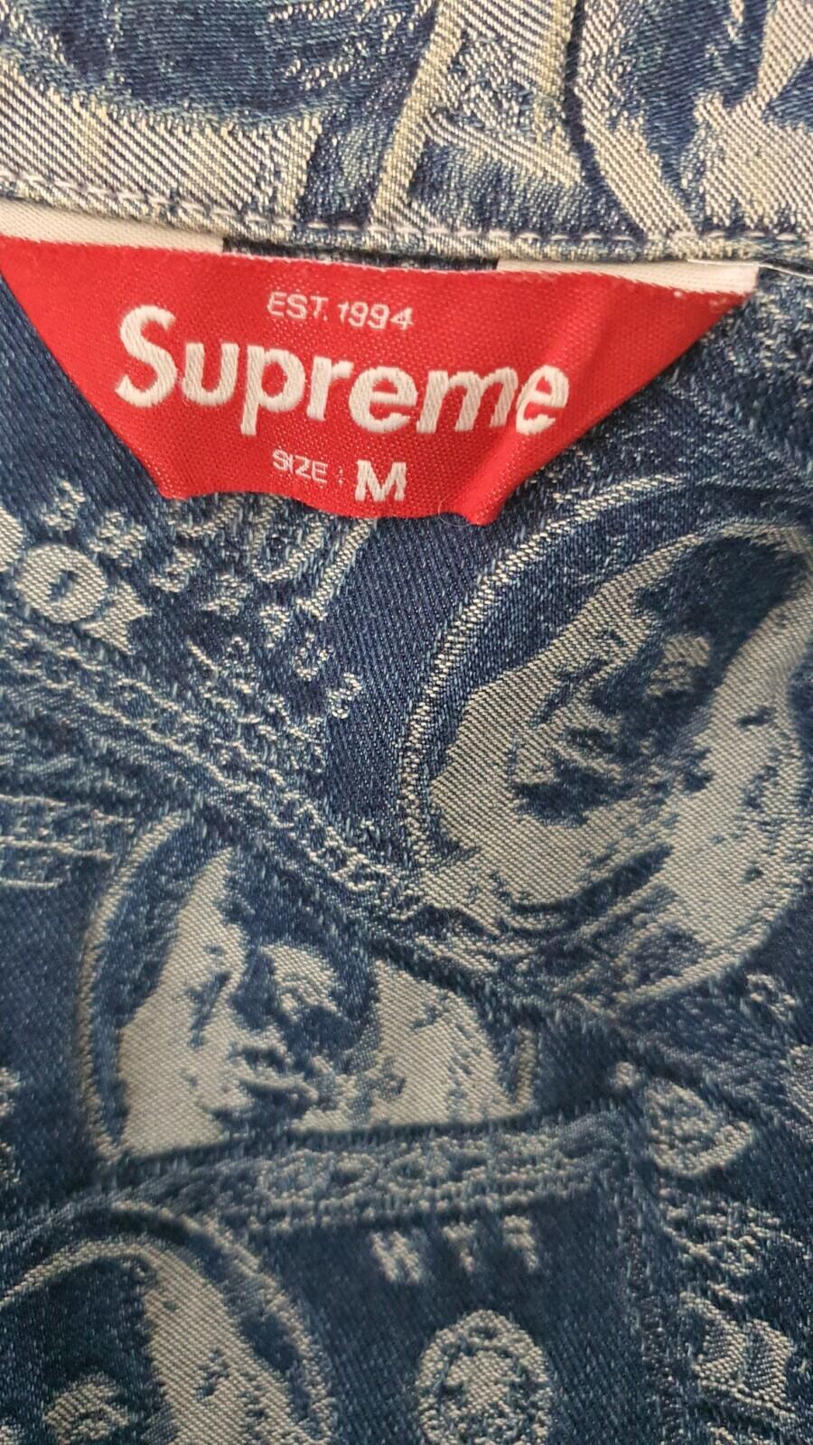 FW17 Supreme 100 Dollar Bill Denim Trucker Jacket Blue Größe MBenjamin Franklin