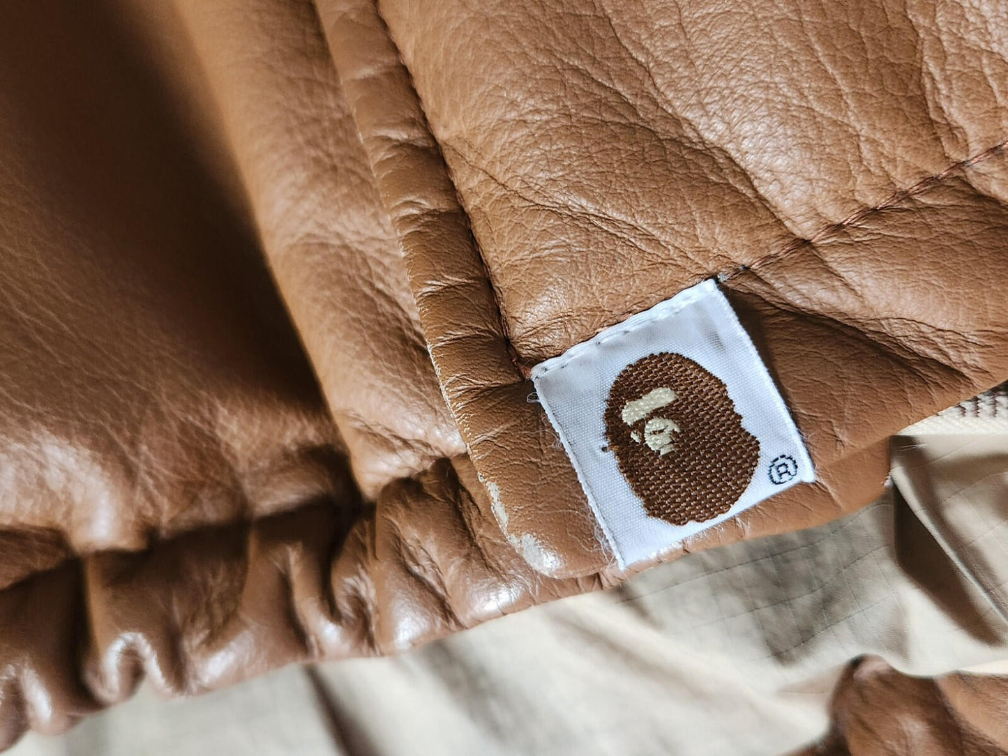 A BATHING APE Leather 90's M-65 jacket Brown Vintage Bape Cowhide Size L Large