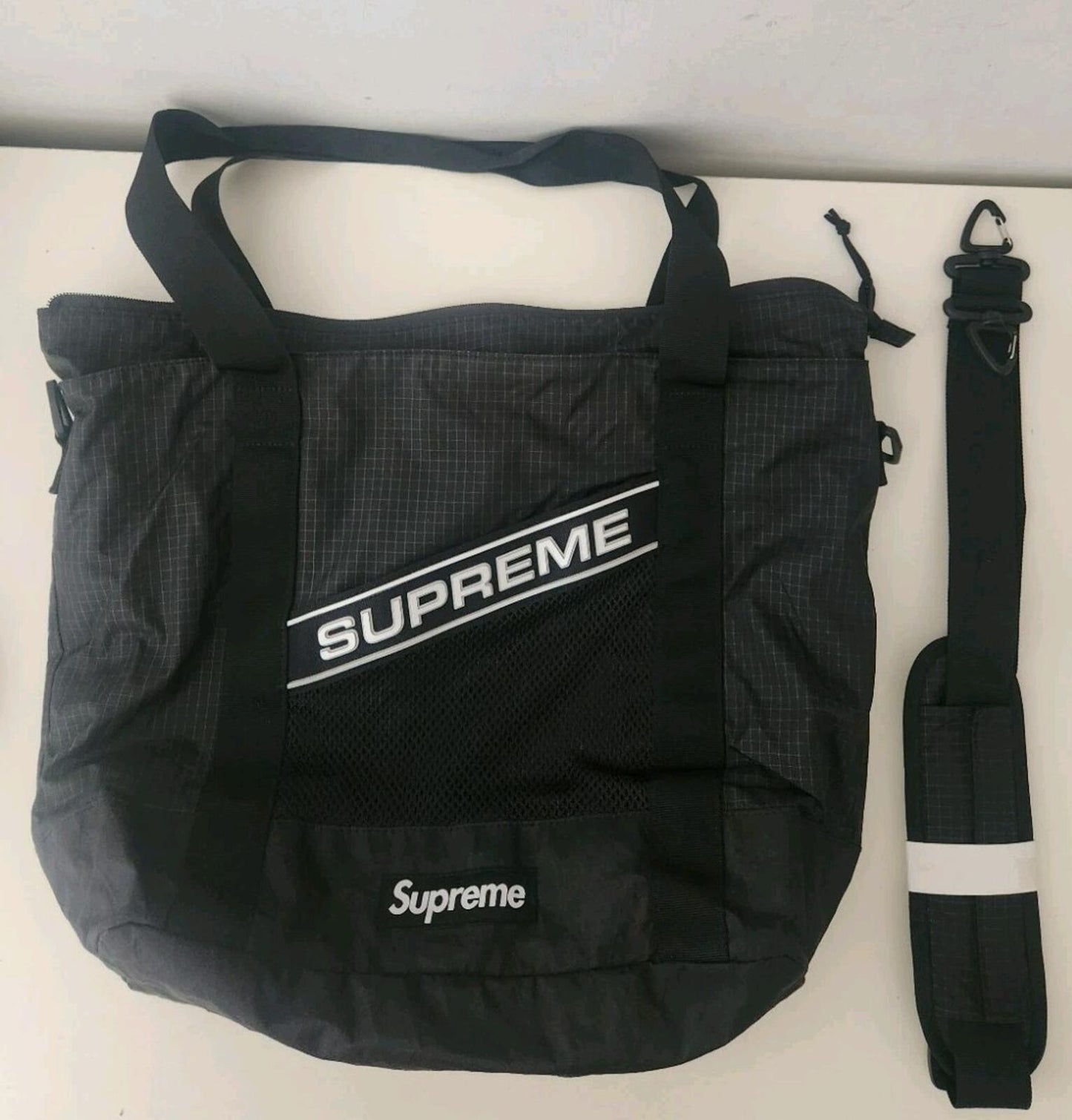 FW23 Supreme Tote Bag Water Resistant Reflective Logo Black 20L Duffle