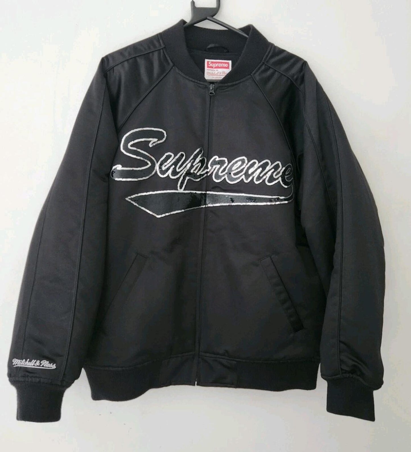 FW21 Supreme Mitchell & Ness logo varsity jacket black medium satin sequin logo
