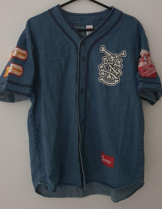 Camiseta de béisbol de mezclilla con parches Supreme SS21 talla S pequeña