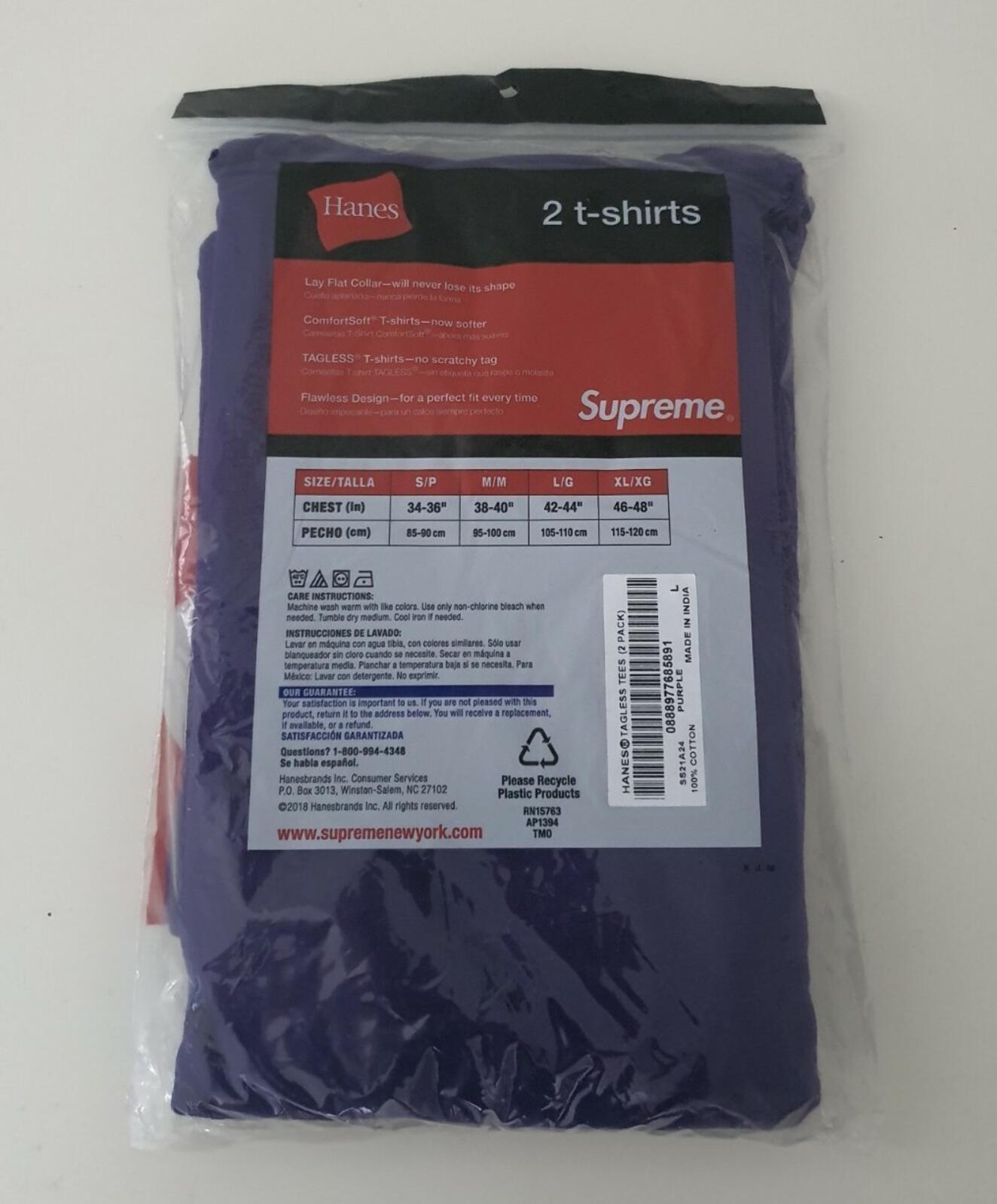 SS21 Supreme Hanes purple Tees (2 Pack) T-shirt size L large small box logo