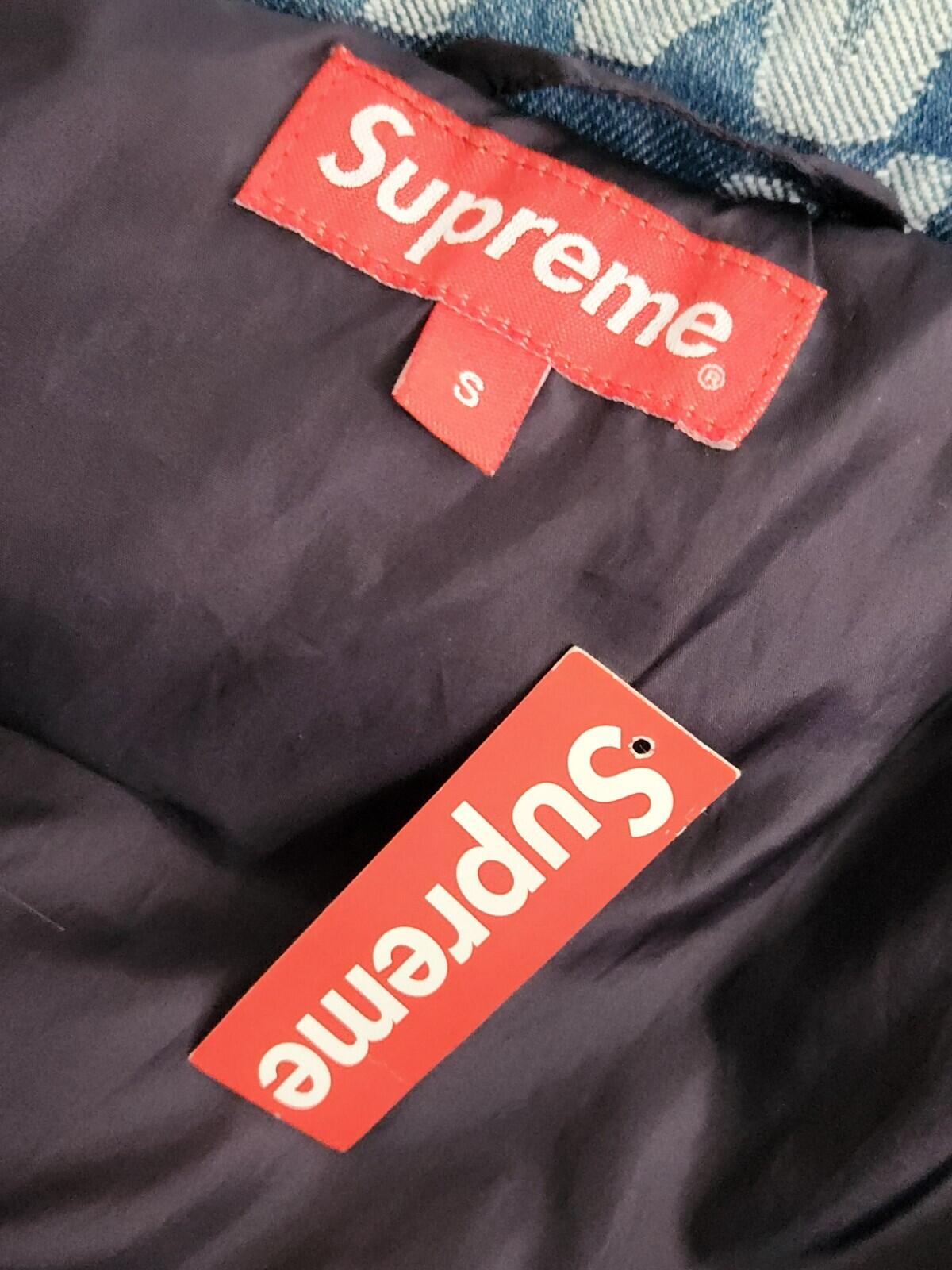 SS22 Supreme Fat Tip Jacquard Denim Puffer Jacket Blue Size S