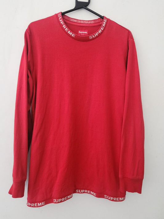 FW14 Supreme Logo Rib L/S Tee Talla M Mediana Sudadera Cuello Redondo Roja Vintage 2014