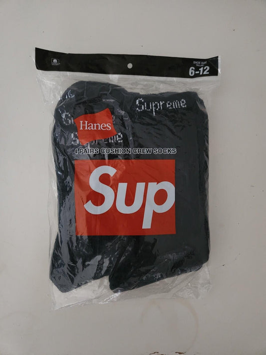 SS25 Supreme Hanes crew socks ( 4 pack ) Black Cotton Sock New Unopened