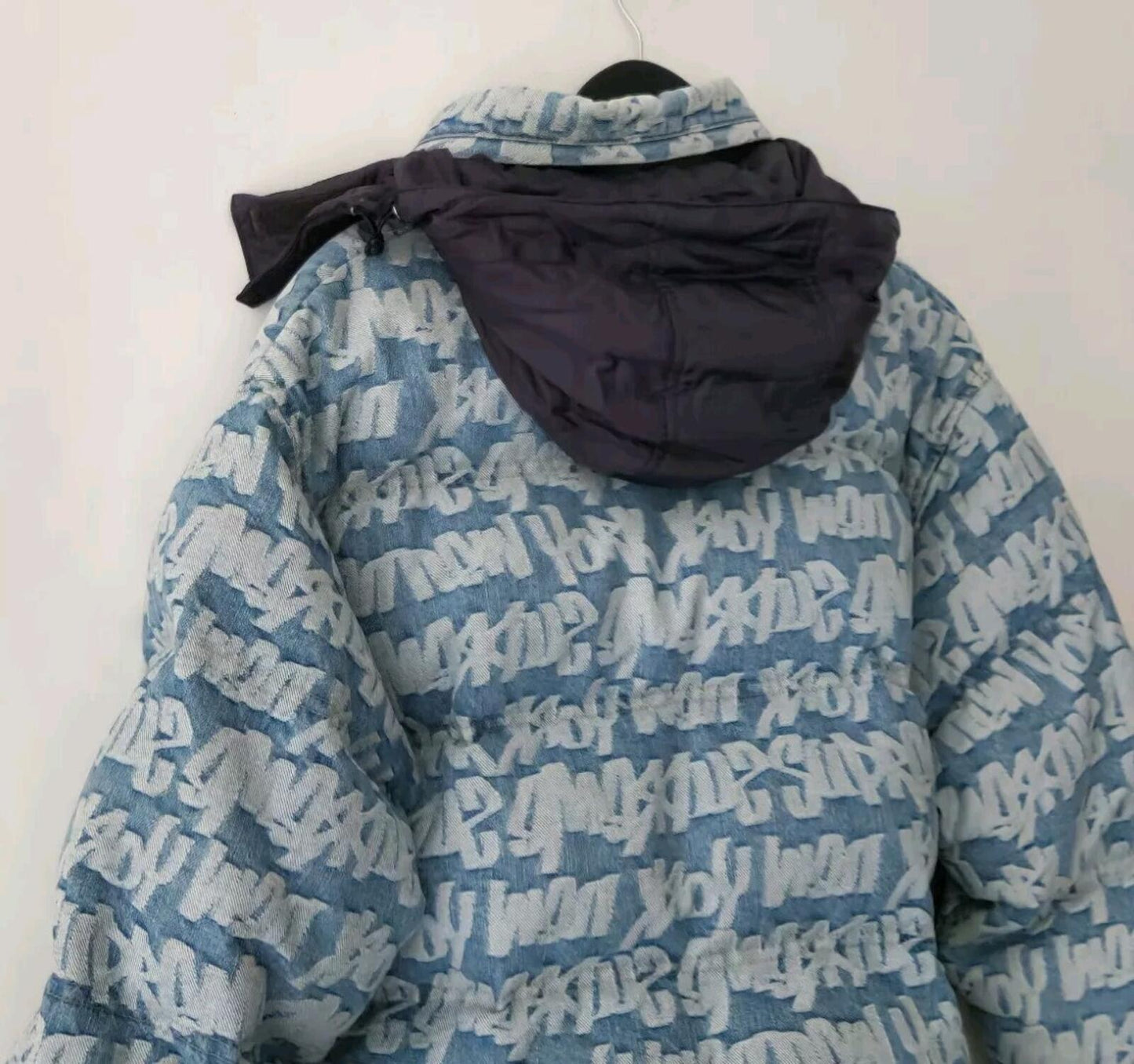 SS22 Supreme Fat Tip Jacquard Denim Puffer Jacket Blue Size S
