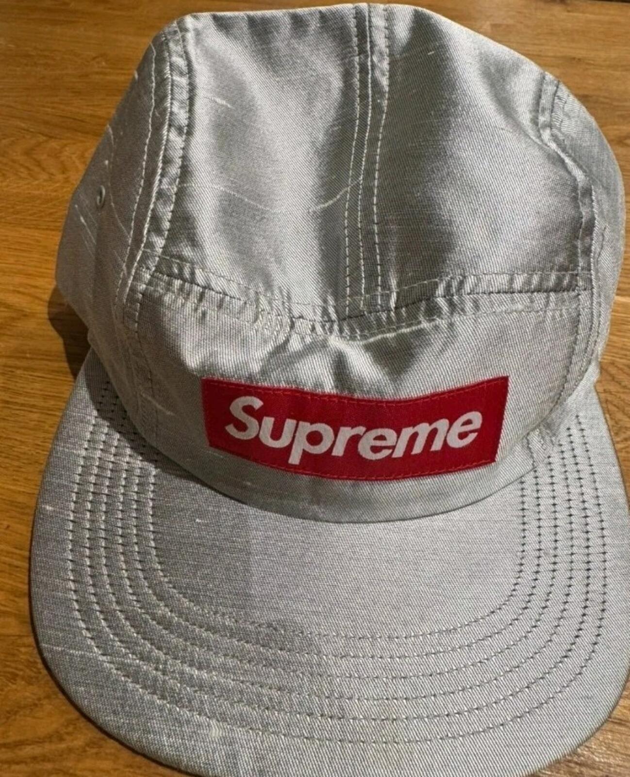 FW17 Supreme Raw Silk Camp Cap Silver Bucol Fabric