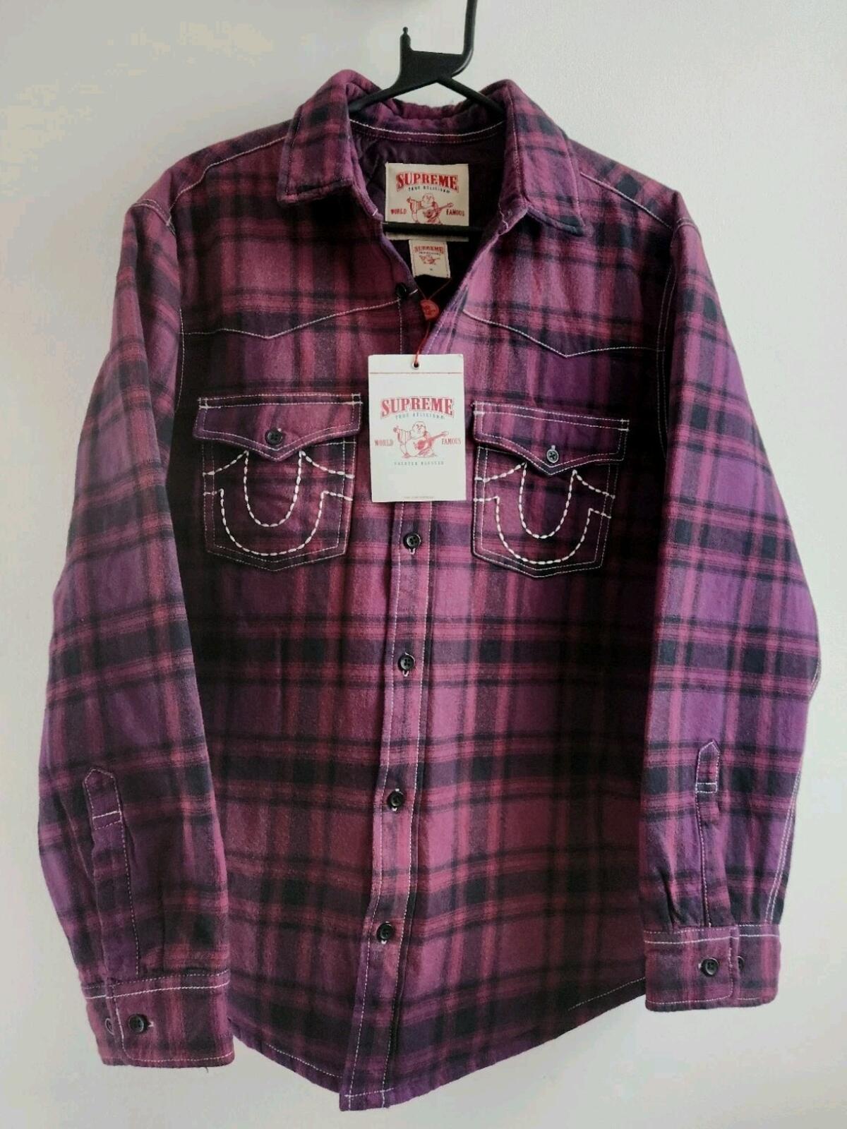 FW25 Supreme x True Religion Quilted Lined Plaid Flannel Shirt Purple Size M