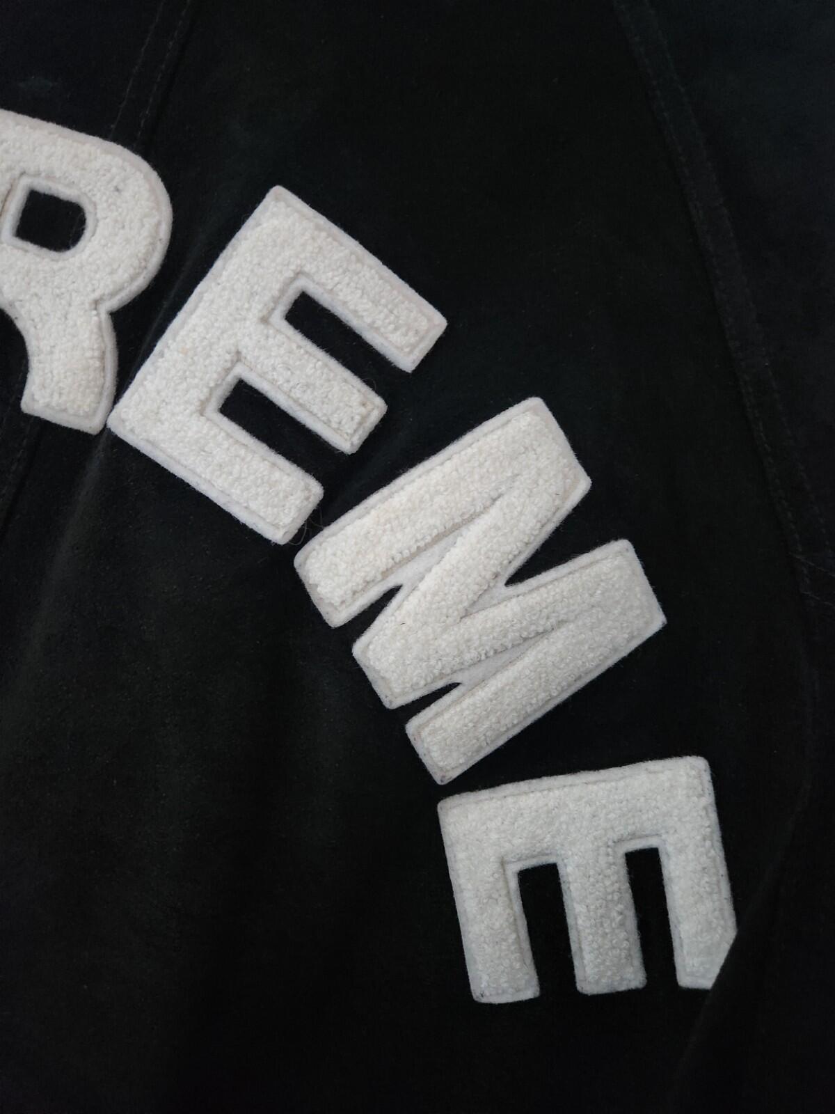 SS17 Supreme Suede Varsity Jacket L Large Black Leather Chenille Logo Coat Satin