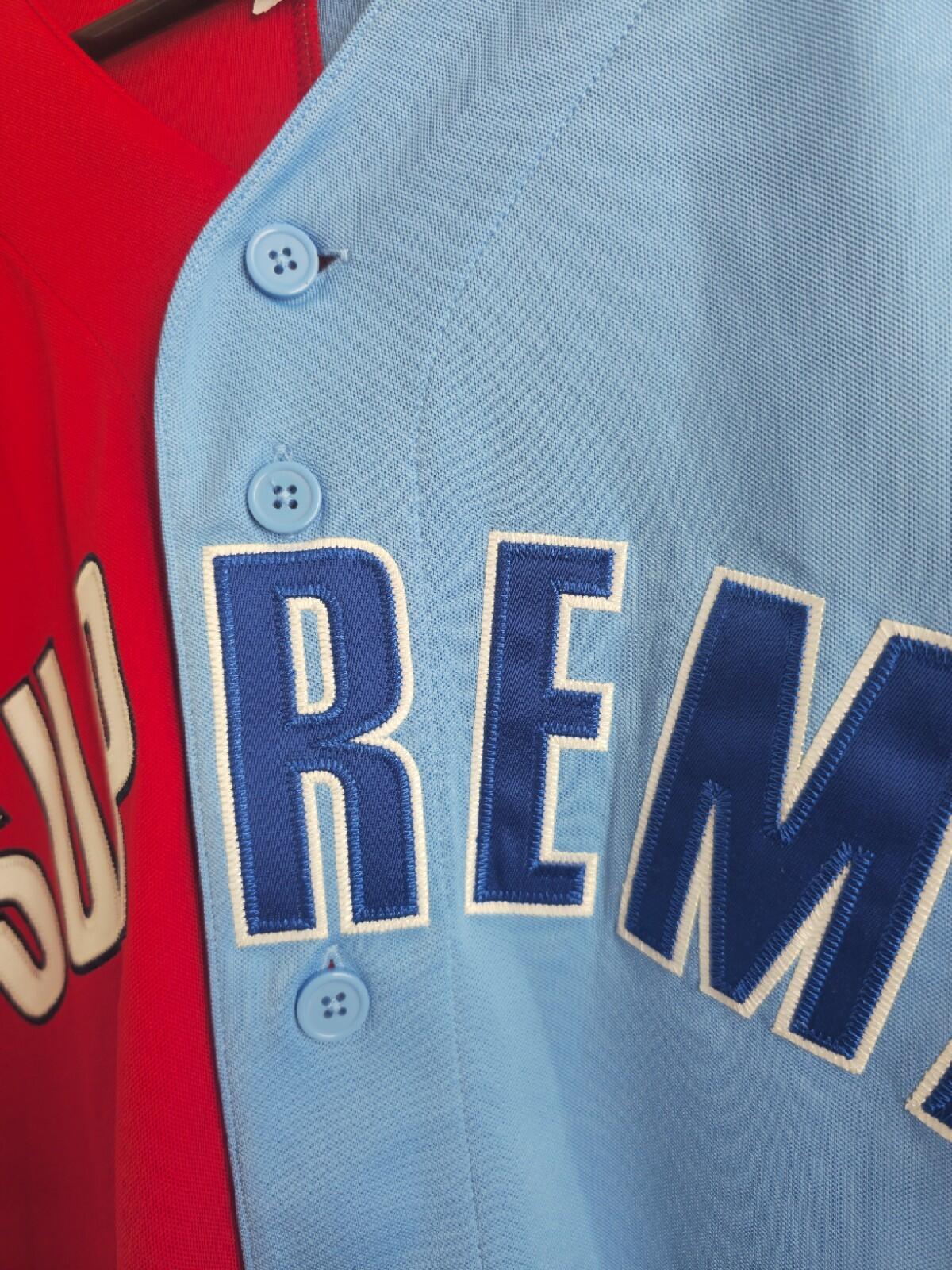 SS21 Supreme Don't Hate Baseball Jersey Size XL Red Blue Top