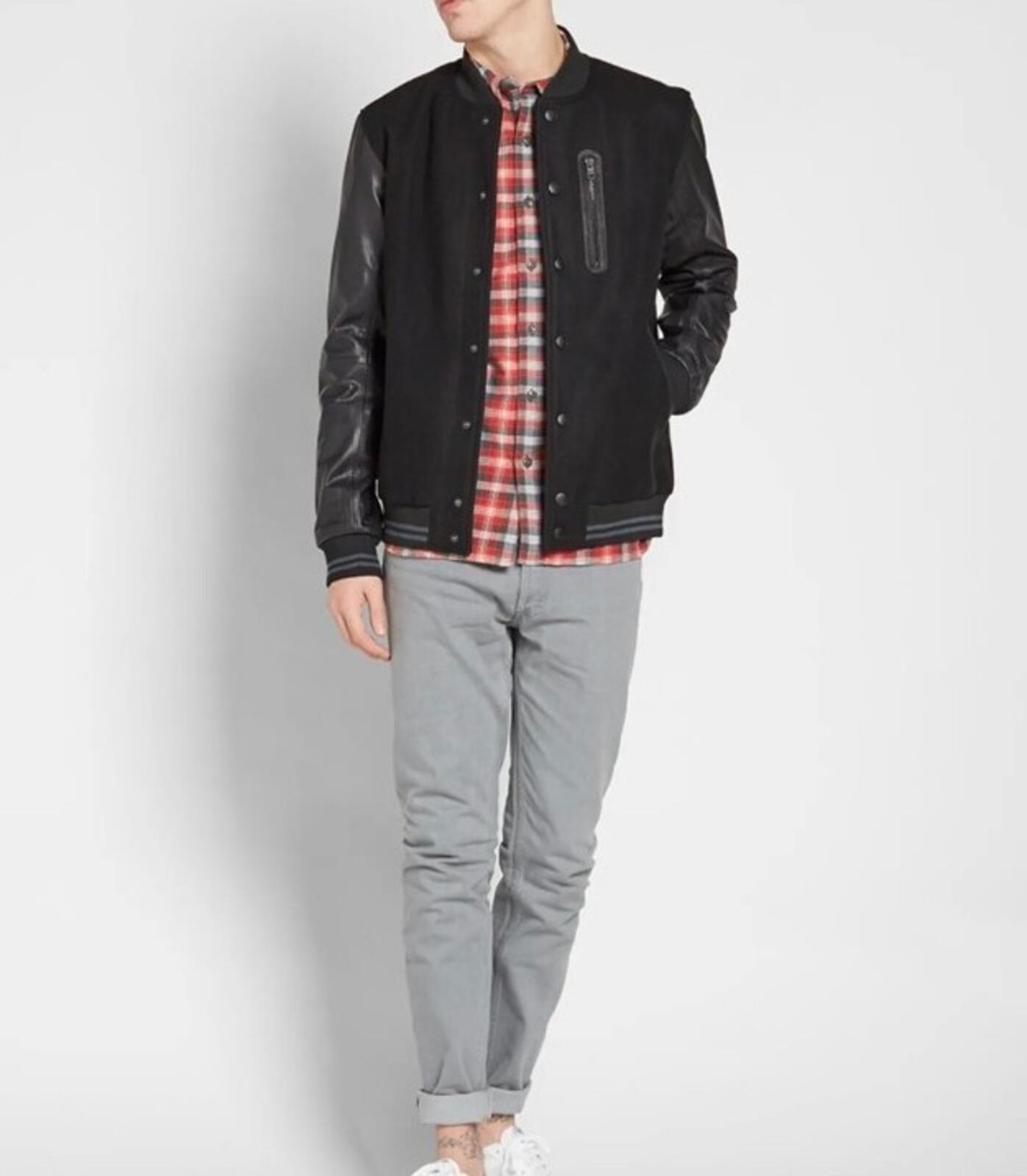 TOMMY JEANS £189 Varsity Wool Bomber Goat Leather Sleeves Black Jacket Hilfiger