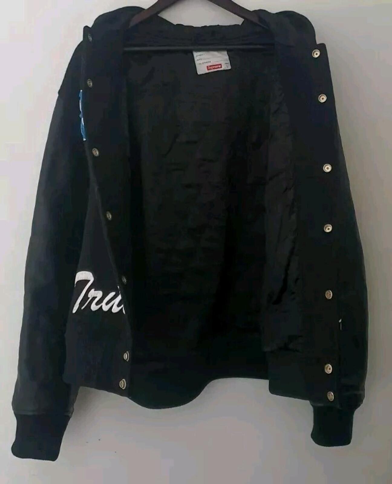 FW20 Supreme King Hooded Varsity Jacket Wool Leather Black Size S