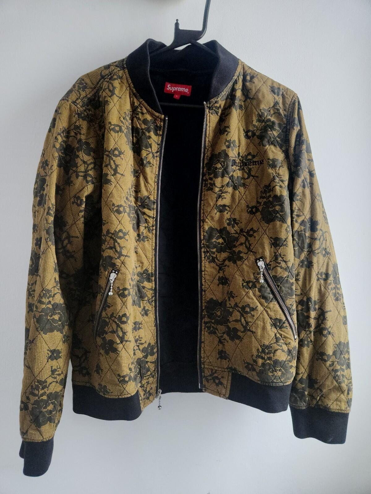 SS17 Supreme Quilted Lace Bomber Jacket Dark Gold Floral Lining Embroidered Logo
