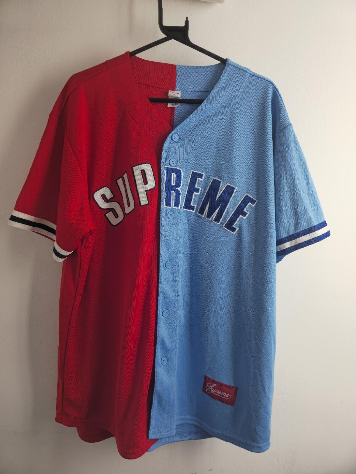 SS21 Supreme Don't Hate Baseball Jersey Size XL Red Blue Top