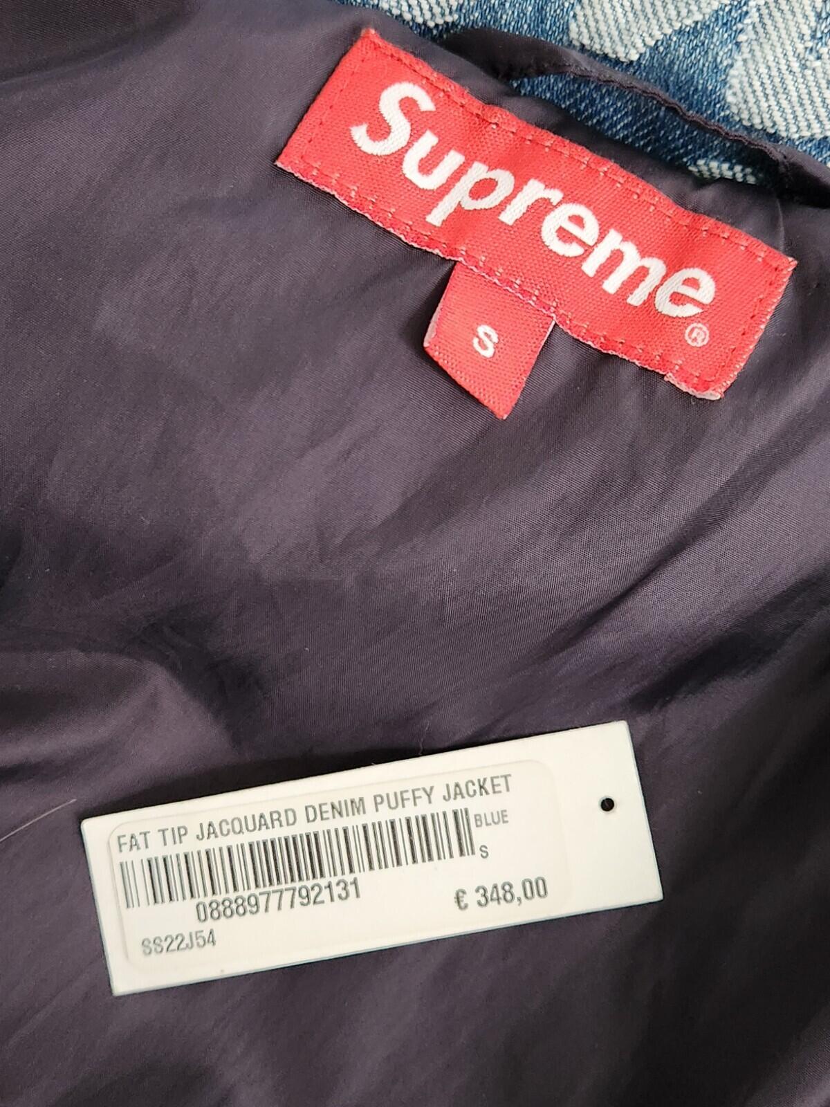 SS22 Supreme Fat Tip Jacquard Denim Puffer Jacket Blue Size S