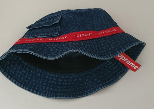 FW19 Supreme Jacquard Logo Taping crusher S/M Sombrero de pescador con bolsillo azul vaquero