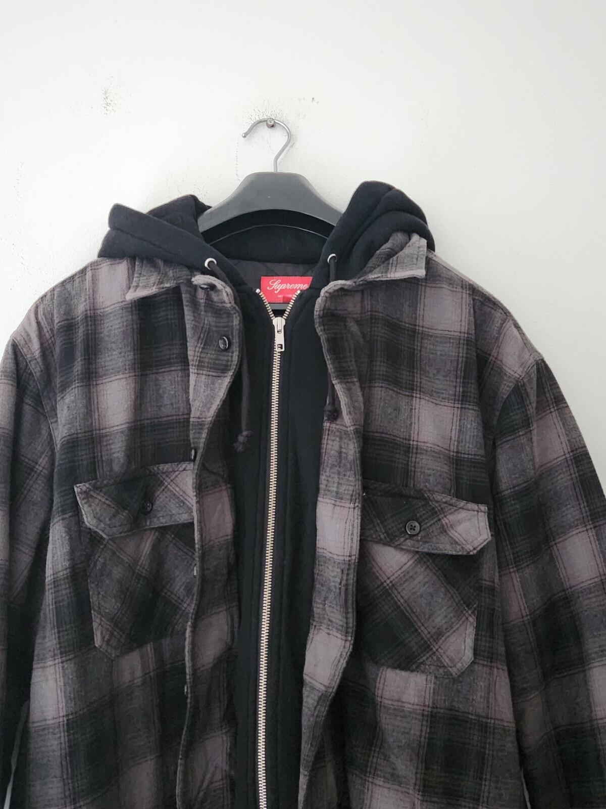 FW21 Supreme Hooded Flannel Zip Up Shirt Quilted Jacket Black Size L