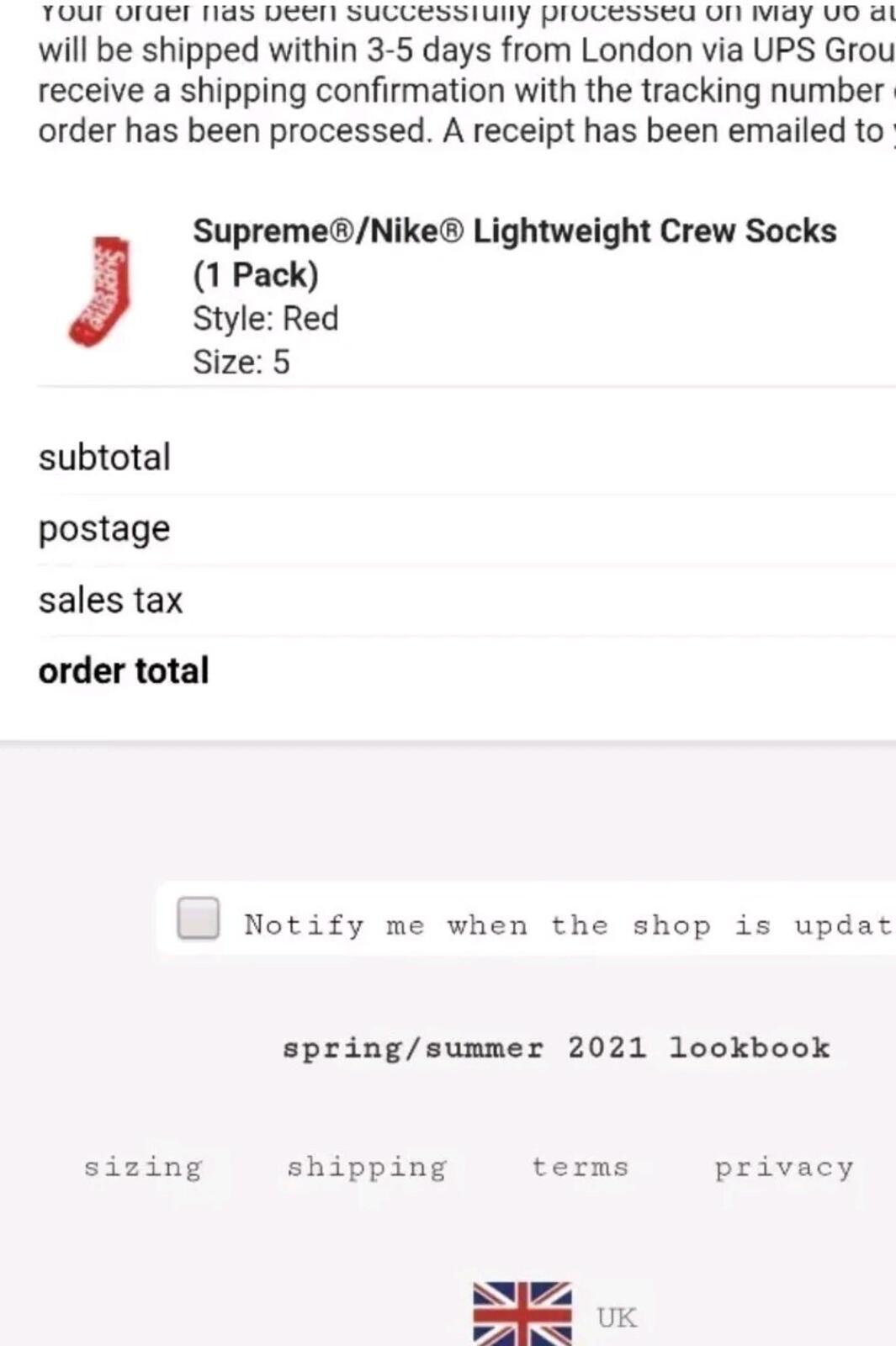 Supreme Nike Lightweight Crew Socks Size 5 Red (1 pack) UK 11-12.5 EUR 46-48