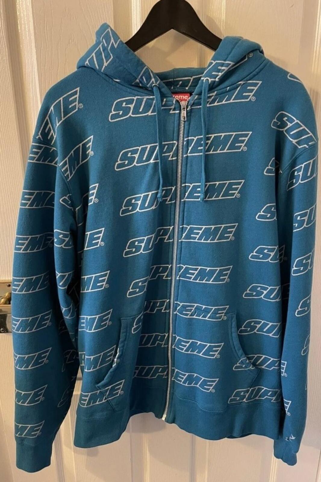 SS18 Supreme Repeat Zip Up Hooded Sweatshirt Dark Aqua Size L