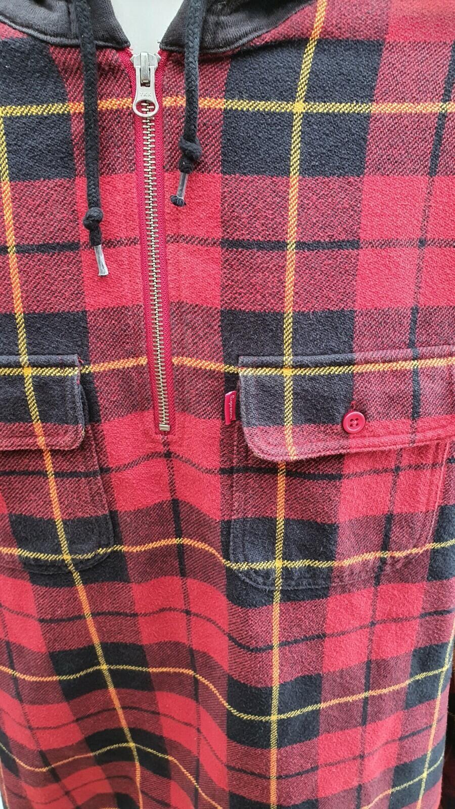 FW16 Supreme Hooded Plaid Half Zip Hooded Shirt Red Size L