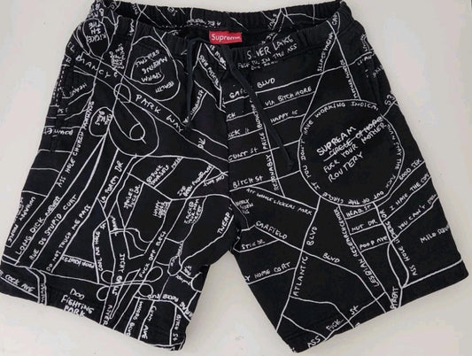SS20 Supreme Gonz Embroidered Map sweatshort S Pequeño Pantalones cortos negros Mark Gonzales
