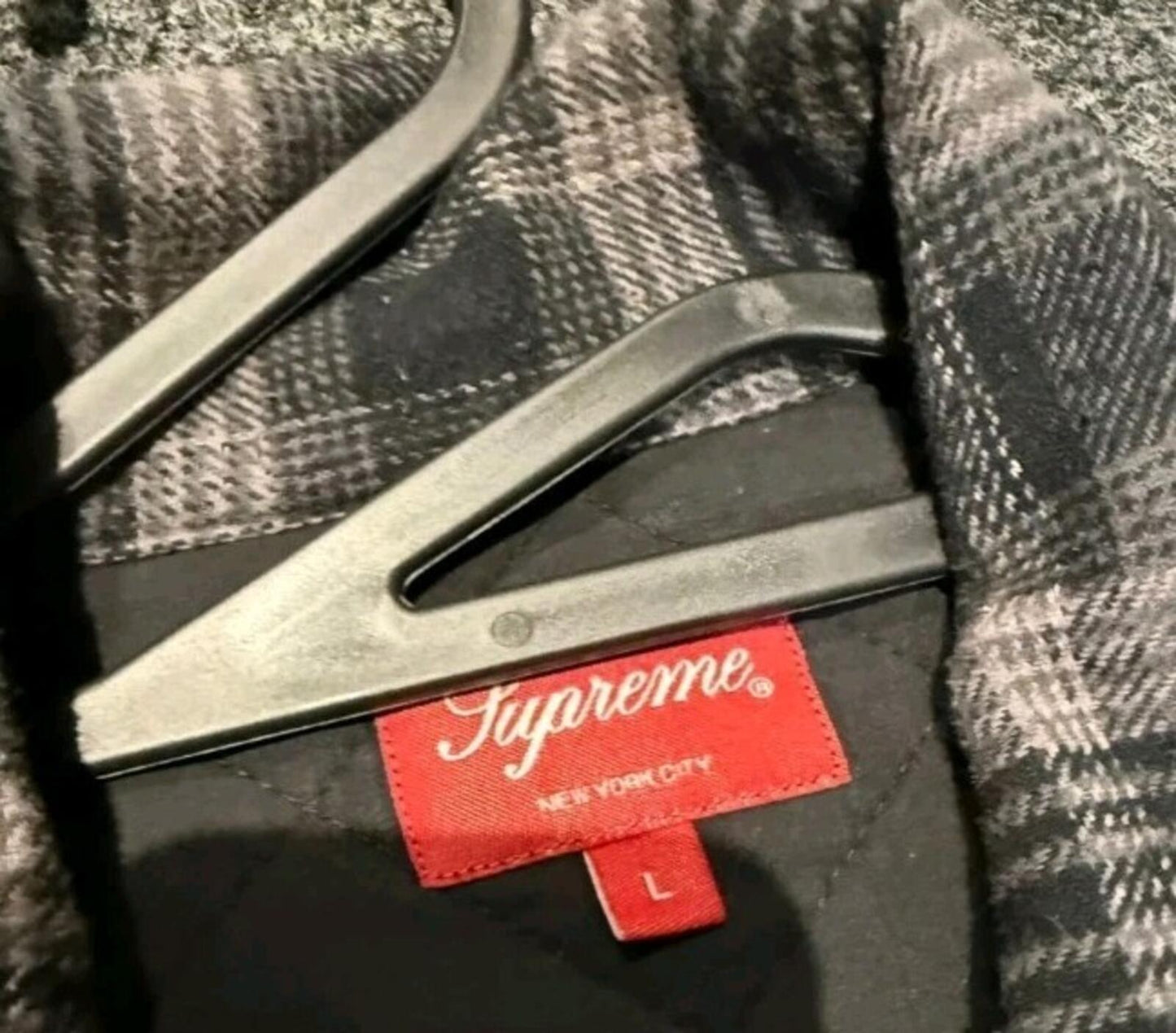 FW19 Supreme Quilted Plaid Zip Up Shirt Black Size L