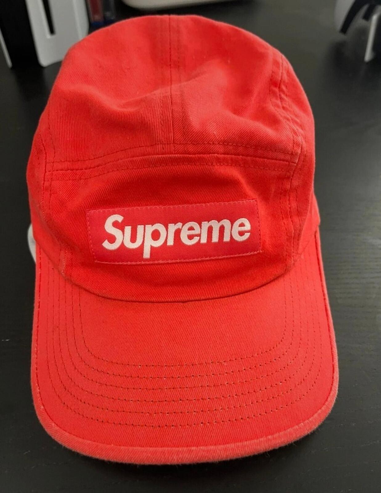 FW23 Supreme Washed Chino Twill Camp Cap Red Hat Leather Strap