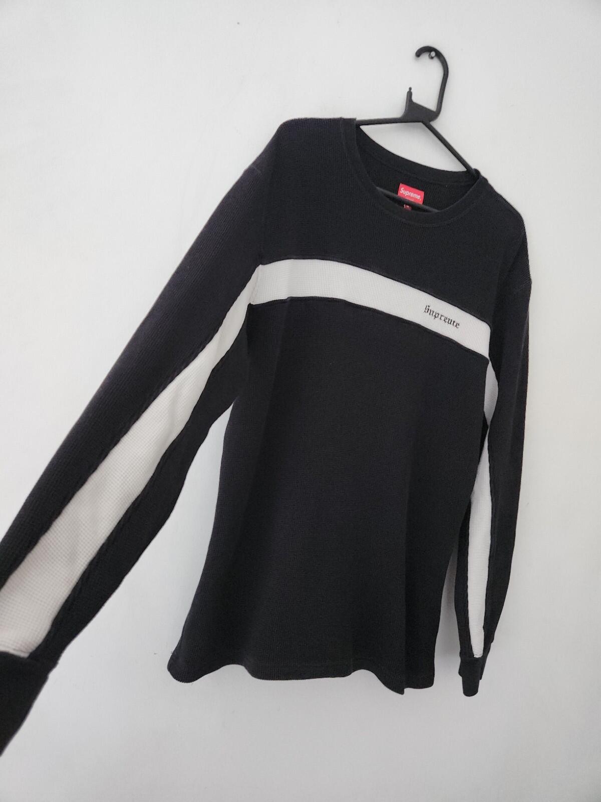 FW18 Supreme Panel Stripe Waffle Thermal Crewneck Black Size M