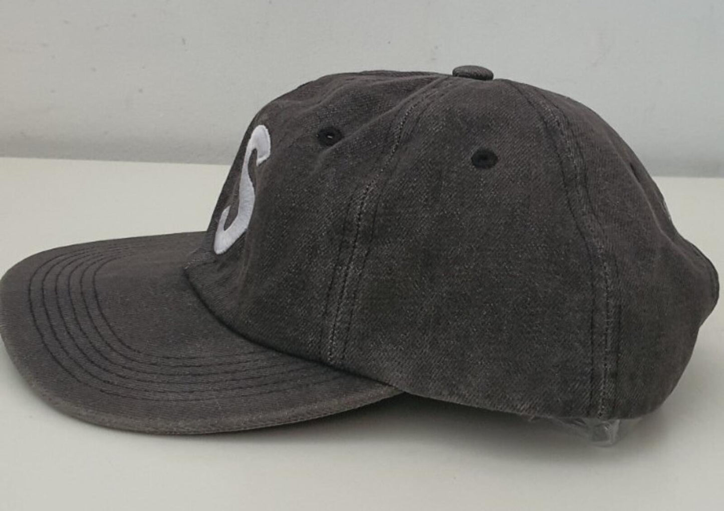 SS17 Supreme Washed Denim S Logo 6 Panel cap black hat grey