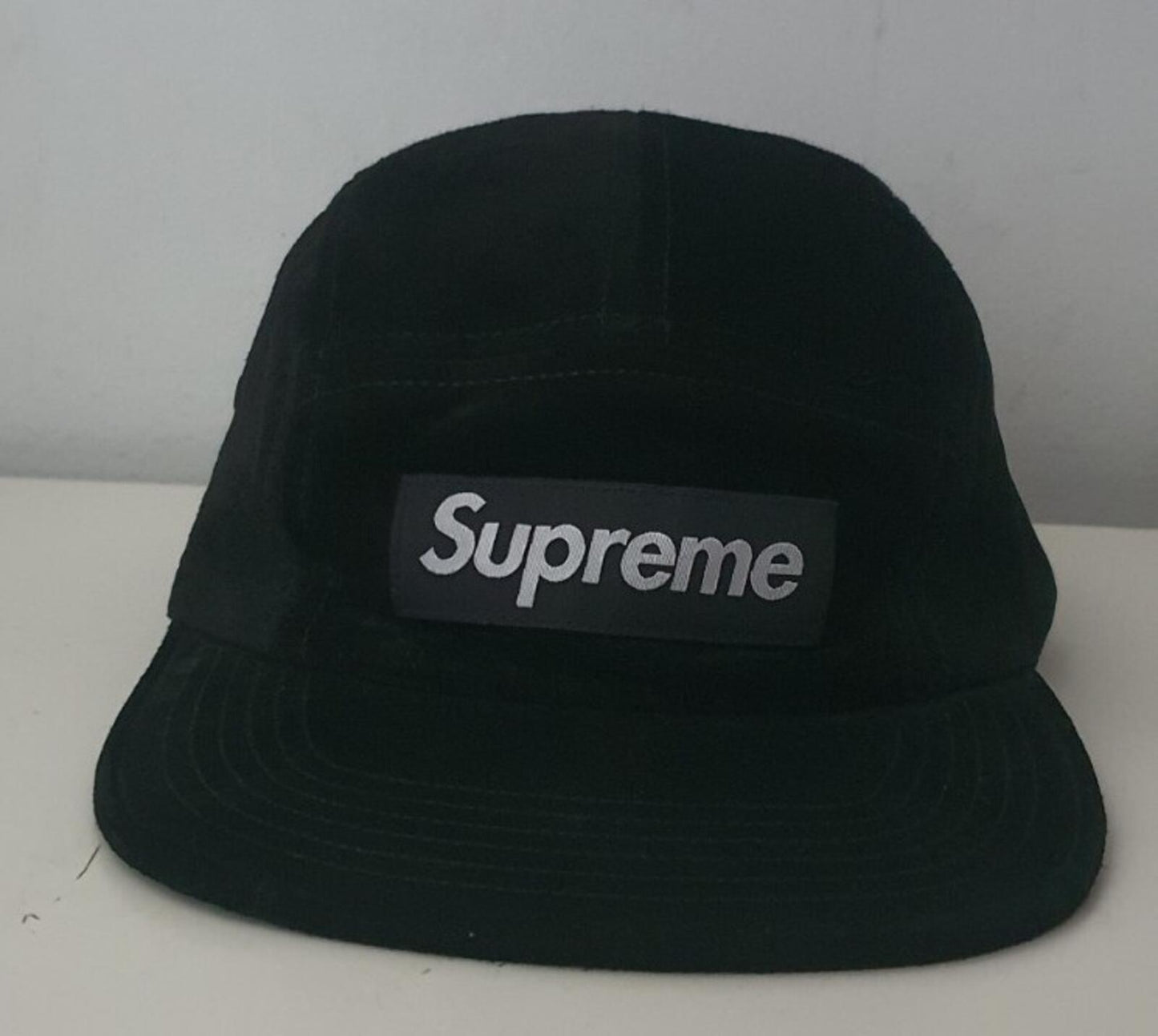 SS18 Supreme Suede Camp Cap Black Leather Hat Box Logo