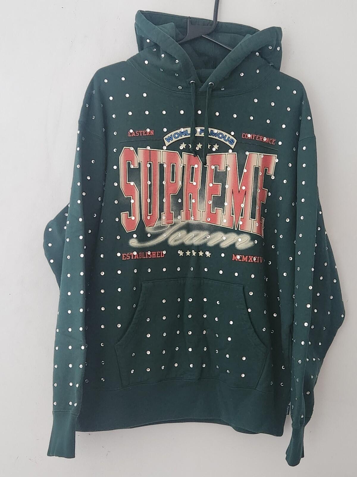 FW21 Supreme Rhinestone Hooded Sweatshirt Dark Green Size M