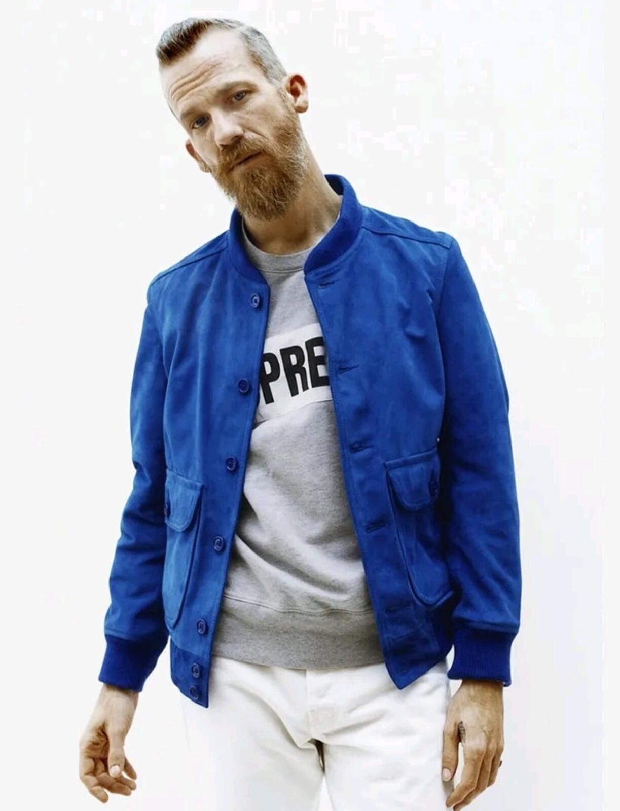 SS14 Supreme Schott NYC Suede Bomber Jacket M Medium Blue Leather 2014 Vintage
