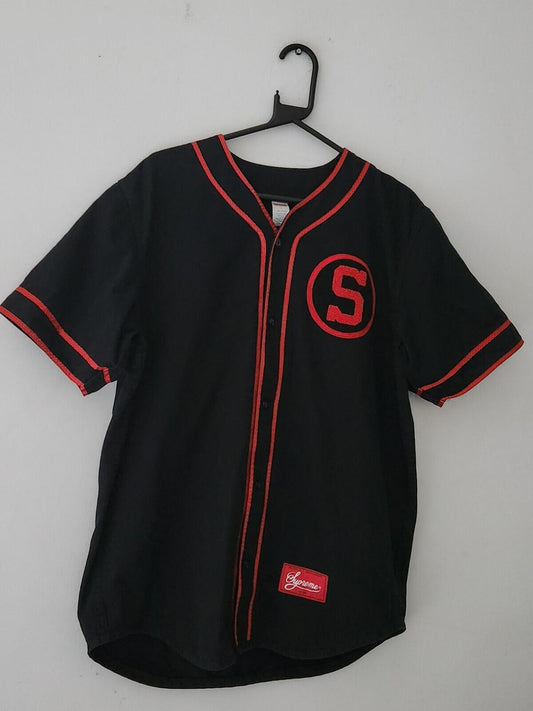 FW13 Supreme Baseball Shirt Chenille S logo Black L Large Jersey Vintage 2013