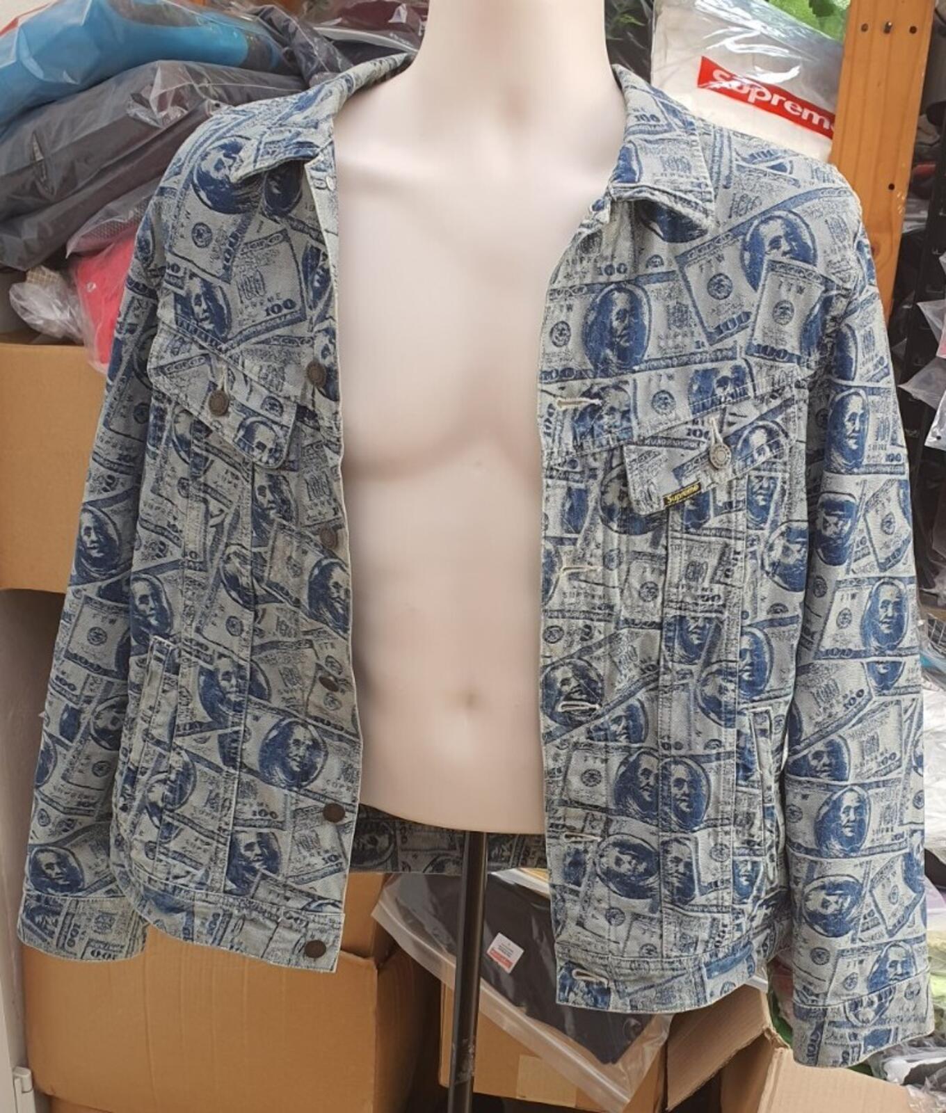 FW17 Supreme 100 Dollar Bill Denim Trucker Jacket Blue Größe MBenjamin Franklin