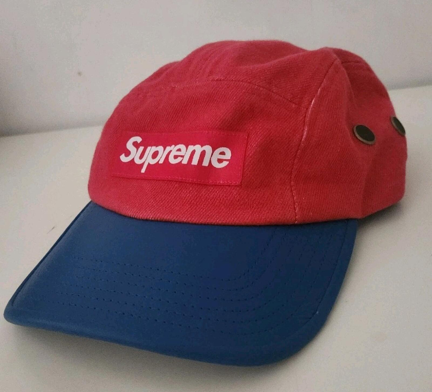 SS20 Supreme 2-Tone Denim Camp Cap Red Blue Hat Leather Visor Box Logo