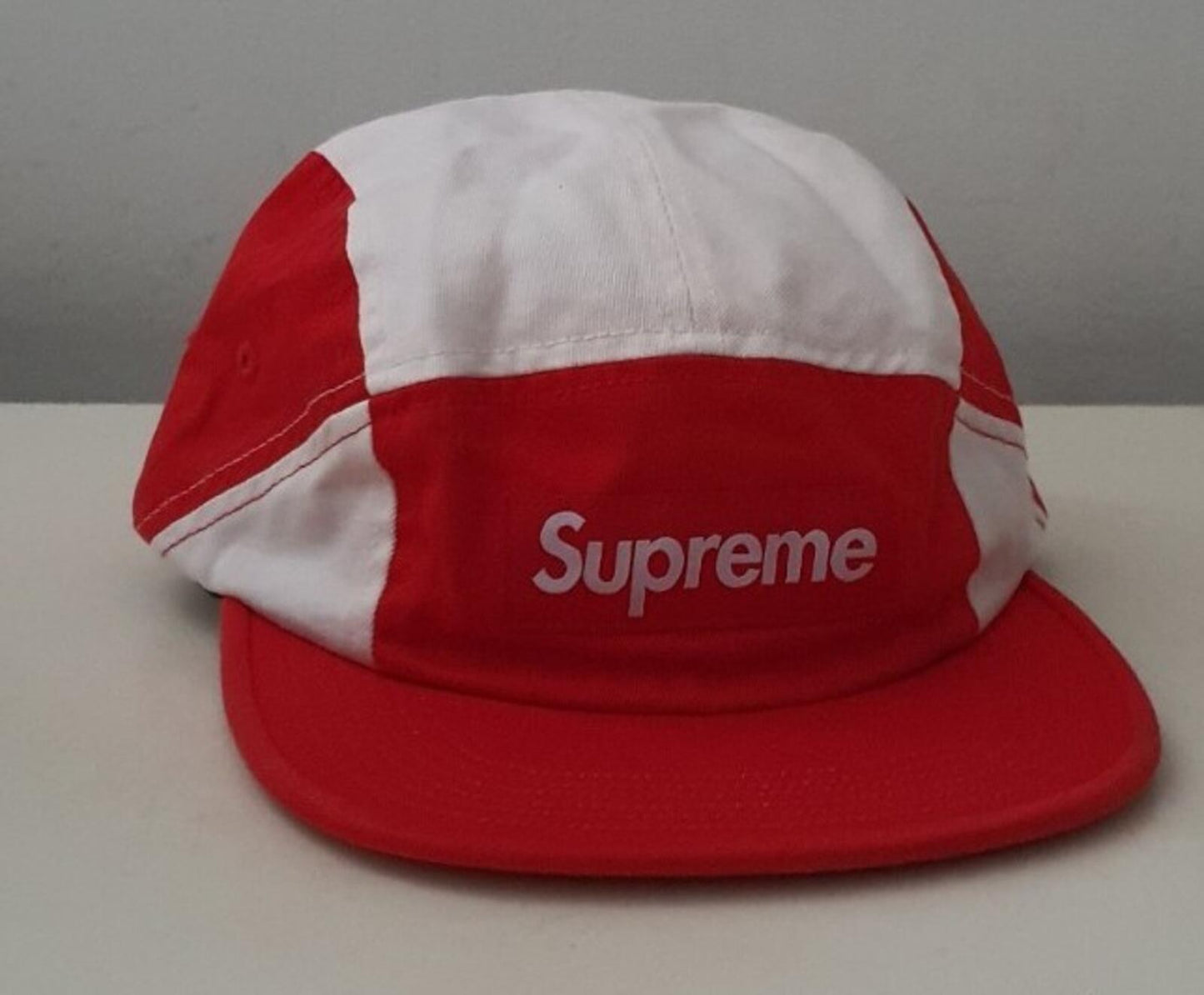 FW18 Supreme Contrast Panel camp cap red white hat box logo