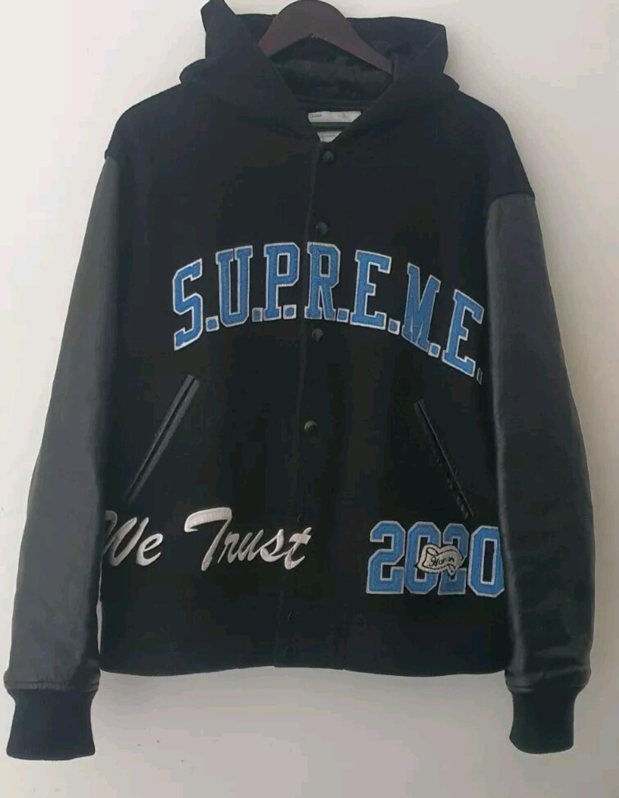 FW20 Supreme King Hooded Varsity Jacket Wool Leather Black Size S