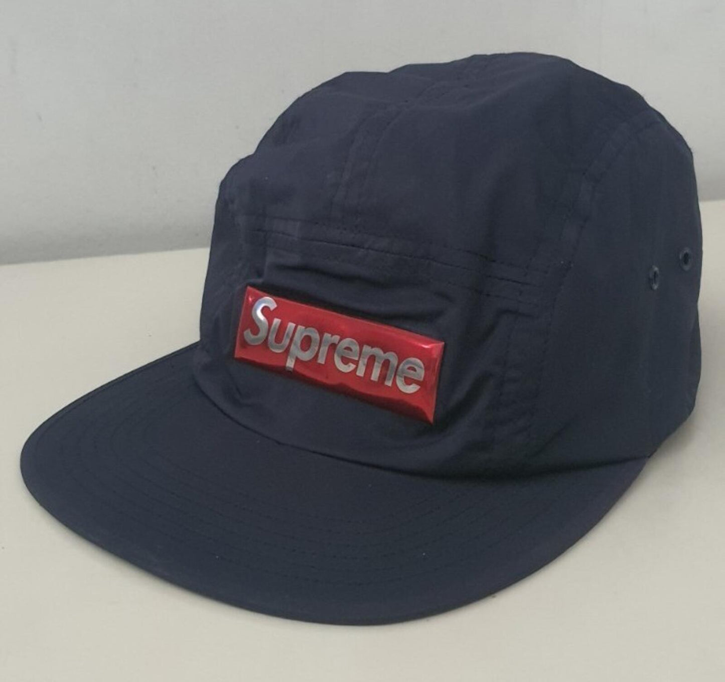 FW17 Supreme Liquid Metal Logo Camp Cap Navy