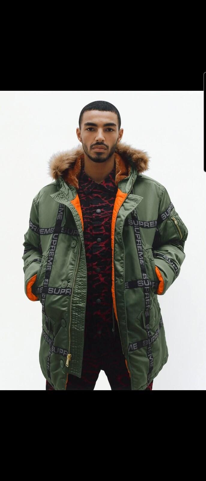 FW18 Supreme Logo Tape N-3B Parka UVP 378 $ Größe L Große Jacke olivefarbener Mantel grün