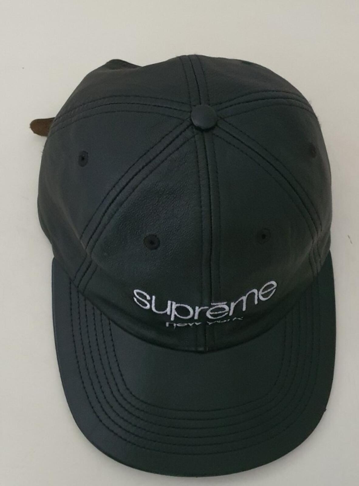Gorra de 6 paneles FW16 Supreme Leather Classic Logo negra rara