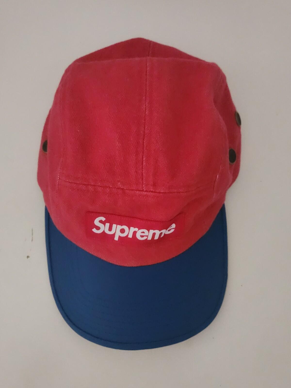 SS20 Supreme 2-Tone Denim Camp Cap Red Blue Hat Leather Visor Box Logo