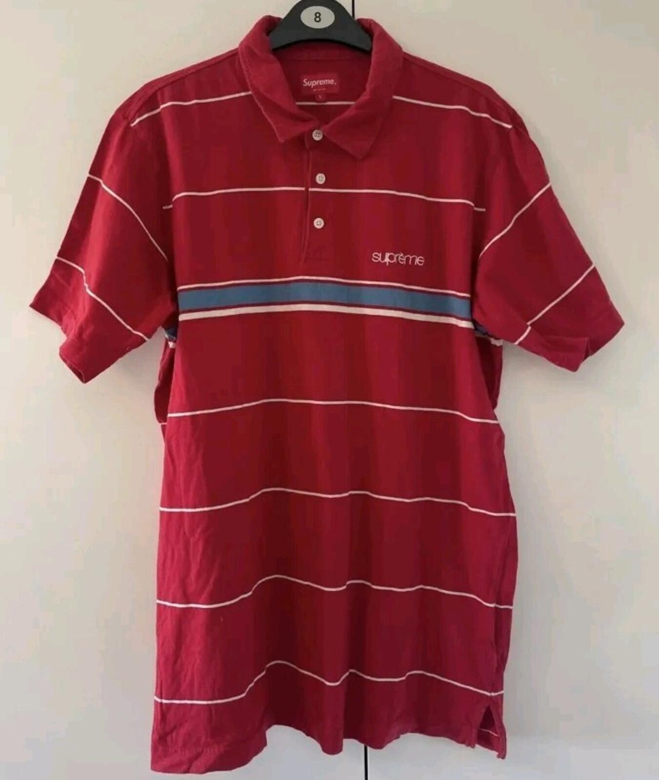 SS16 Supreme Classic Logo Striped Polo Shirt Rot Größe L