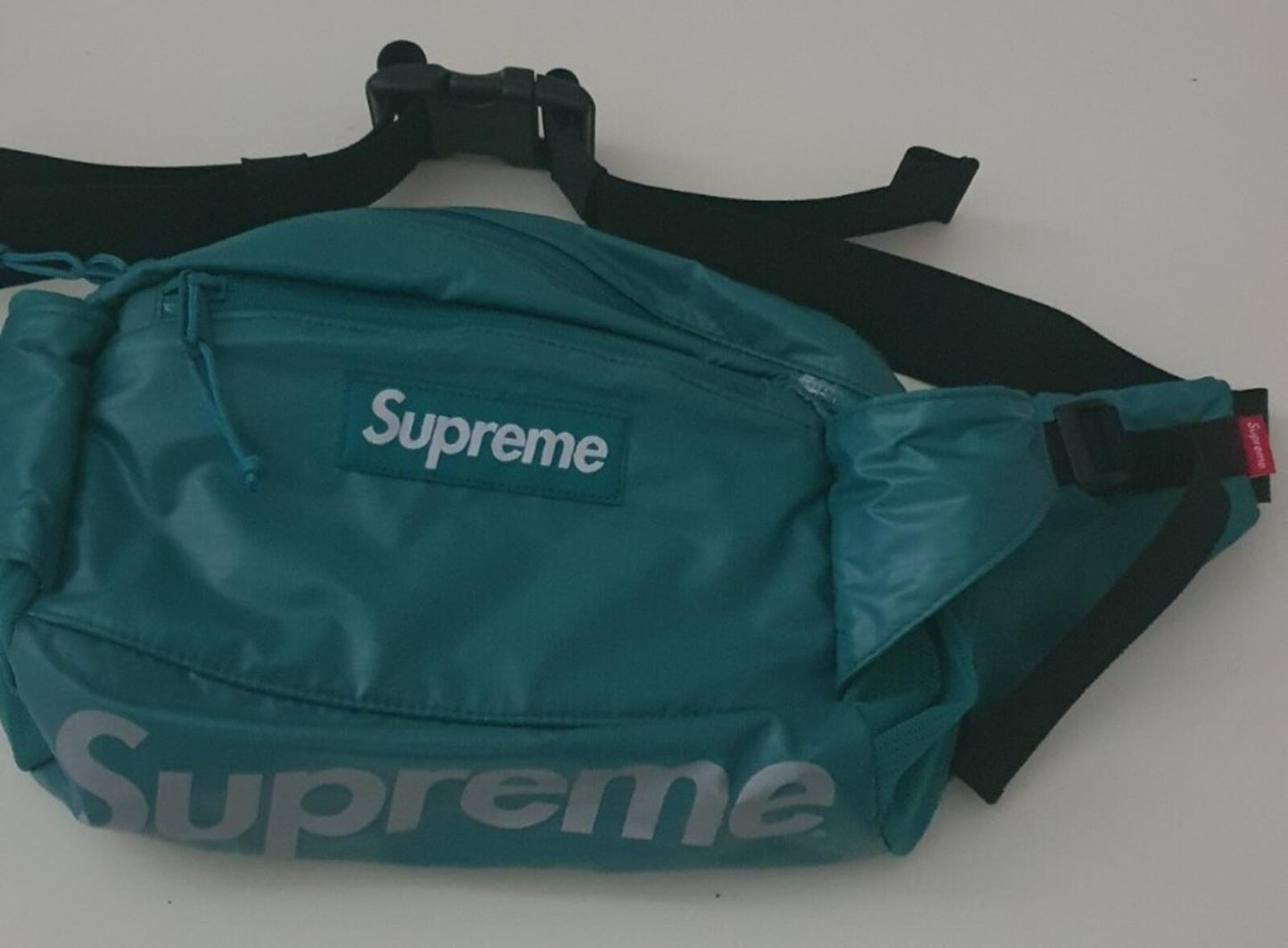 FW17 Supreme teal waist bag Cordura Fabric reflective text Shoulder Belt Used 1x