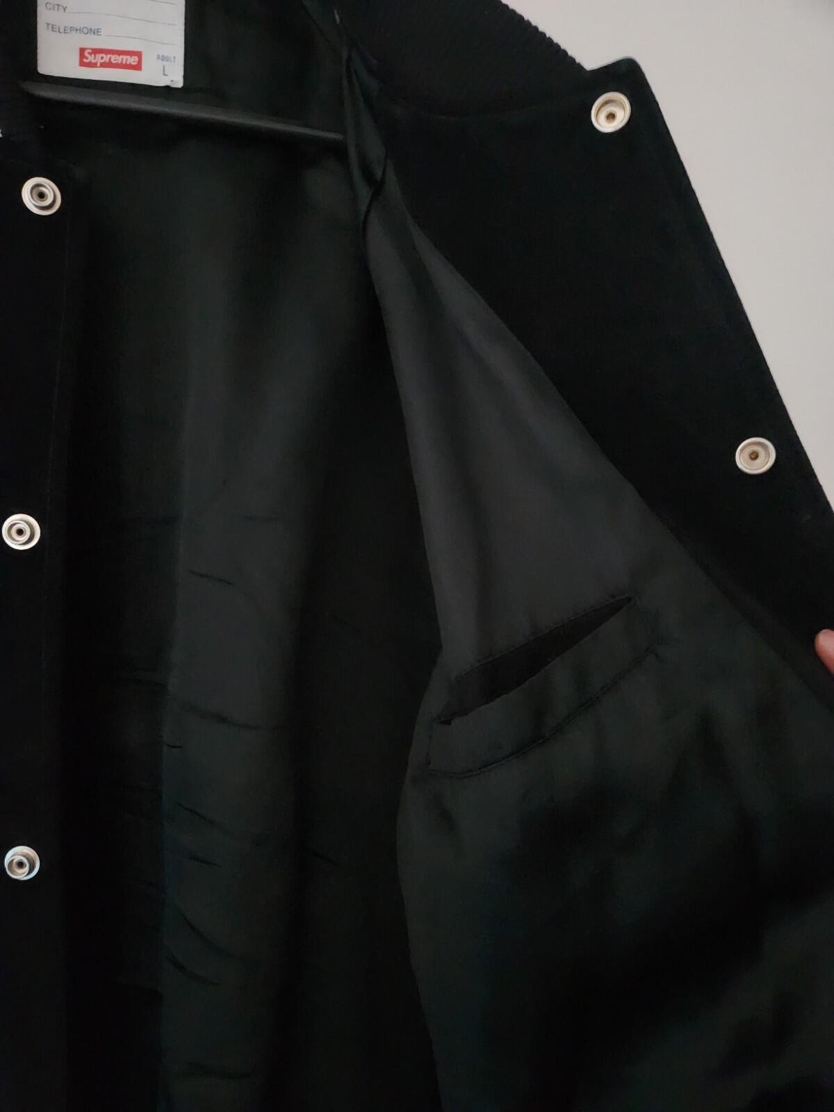 SS17 Supreme Suede Varsity Jacket L Large Black Leather Chenille Logo Coat Satin